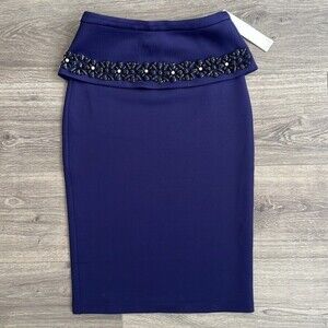NWT Line & Dot Peplum Pencil Skirt Sz. XS Detachable Embellished Deep Blue Party
